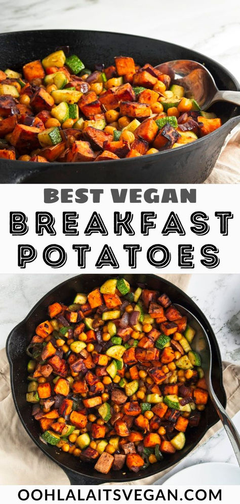 collage of vegan breakfast potatoes Sweet Potato Vegan Breakfast, Vegan Breakfast Potluck Ideas, Brunch Vegan Ideas, Vegan Egg Breakfast Recipes, Breakfast With Sweet Potatoes, Breakfast Ideas With Potatoes, Vegan Breakfast Sweet Potato, Vegan Potato Breakfast, Vegan Breakfast With Potatoes