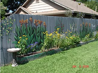 Fence mural, fence art, painted fence, garden art Garage Mural, Garden Fence Art, Garden Mural, Flowers Painted, Fence Art, Fence Paint, Garden Shrubs, Gardening 101, Fence Decor