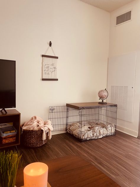 Crate with wood at top and living room decor Small Living Room Dog Area, Dog Areas In House Aesthetic, First Apartment With Dog, Dog Setup In Apartment, Aesthetic Dog Room Ideas, Living Room With Pets, Dog Toy Basket Living Rooms, Room With Dog Crate, Apartment Dog Setup