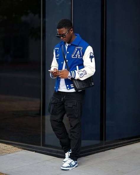 New Outfits For Men, Baseball Jacket For Men, Best Men Fashion Outfit, Summer Varsity Jacket Outfit, Mens Urban Outfits, Men’s Clothing Photoshoot, Styling Varsity Jacket Man, La Street Style Mens, Black Man Clothing Style