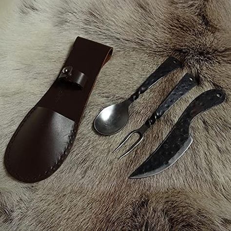 Nauticalmart Hand Forged Medieval Cutlery Set in Leather Pouch, Ideal for Re-enactment Utensil Pouch, Medieval Camp, Lay Photo, Fork And Spoon, Camp Life, Hand Forged Iron, Medieval Fashion, Utensil Set, Cutlery Set