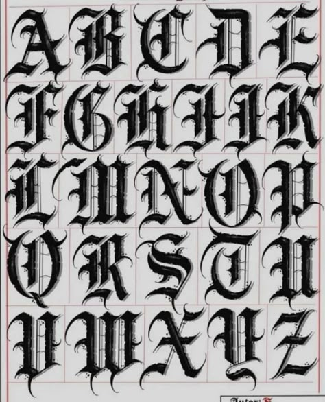 Black lettering Old English alphabet in Gothic style with red. #OldEnglishFonts #VintageCalligraphy #MedievalTypography #AntiqueLettering #RetroScript Lettering Tattoo Ideas, Alfabeto Lettering, Calligraphy Tattoo Fonts, Old English Alphabet, Letters Tattoo, Tattoo Lettering Alphabet, Gothic Alphabet, Dark Lettering, Lettering Tattoos