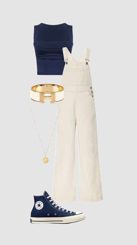 #outfitinspo #summer #beach #converse #overalls #navyblue #coastalgrandaughter #goldjewelry Preppy Outfits Summer Beach, Beach Converse, White Casual Outfit, Dark Blue Tank Top, White Overalls, Recruitment Outfits, Gold Cuff Bracelet, Cute Modest Outfits, Outfits With Converse