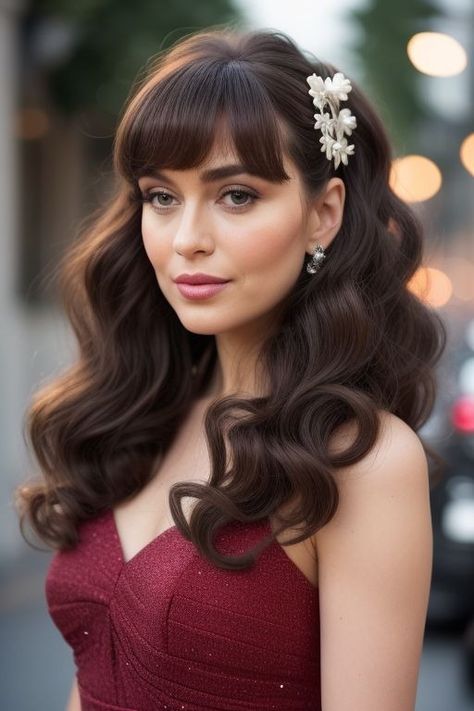 27+ Updo Hairstyles With Bangs 18 Wedding Hairstyles Long Hair Bangs, Wedding Bangs Hair, Old Hollywood Hair With Bangs, Short Hair Updo With Bangs, Half Up Half Down Wedding Hair With Bangs, Formal Updo With Bangs, Hair Updo With Bangs, Bridal Hairstyles With Bangs, Formal Hair With Bangs