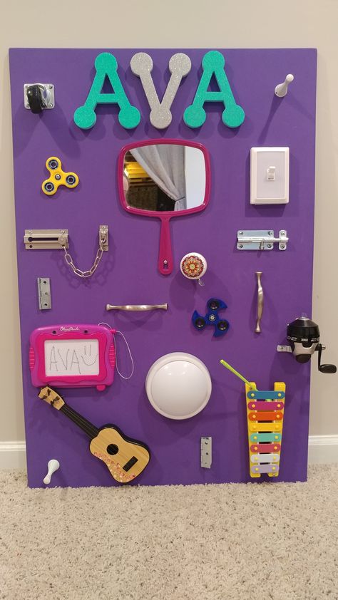 A little activity/sensory board I made for my nieces first birthday!   #diytoddlerboard #busyboard #diy #firstbirthdaypresent #1stbirthday #babygirlpresents #activityboard #babysensoryboard Sensory Busy Board Diy, Busy Board Ideas Diy, Sensory Boards For Toddlers, Activity Boards For Toddlers, Sensory Room Ideas Schools, Sensory Board For Babies, Sensory Board Diy, Diy Activity Board, Activity Board Diy