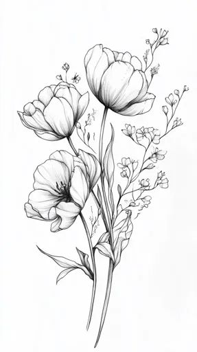 ↑↑↑ Larger size on website 🔸 A black and white line drawing of a delicate bouquet of flowers. The flowers are drawn with intricat Flower Line Art Drawings, Botanical Drawings Black And White, Line Work Flowers, Drawn Flower Bouquet, Botanical Art Drawing, Floral Line Drawing, Abstract Watercolors, Delicate Bouquet, Botanical Line Drawing