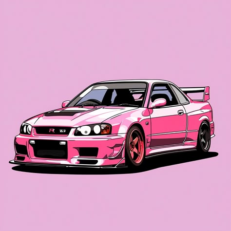 Pink Skyline R34, Nissan Skyline R34 Pink, Pink Car Drawing, Skyline Concept Art, Pink Jdm Wallpaper, Pink Car Icon, Car Icon Aesthetic, Pink Car Aesthetic, Pink Jdm