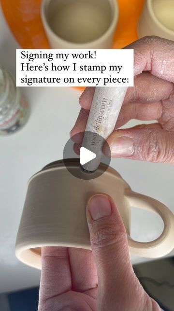 Rachel C Pottery | Here’s how I stamp my signature on every ceramic piece I make. Kinda feels like leaving a little fingerprint on each one 🥰 #artistsi... | Instagram Pottery Stamps Signature Ideas, Pottery Signature Stamp, Pottery Stamps Signature, Pottery Signatures, Pottery Stamps, Pottery Stamp, Signature Stamp, Pottery Techniques, My Signature