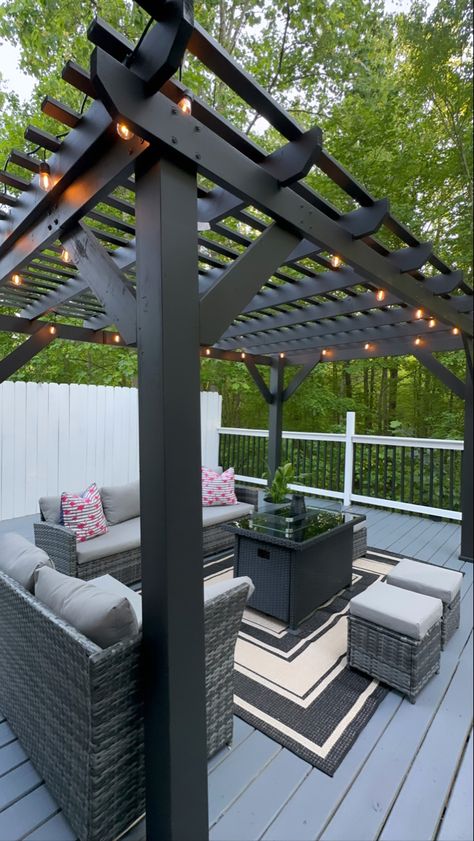 Small Deck With Pergola, Small Pool Pergola, Grey Pergola, Small Backyard Deck With Pergola, Pergola By Above Ground Pool, Low Deck Designs With Pergola, Black Pergola, Grey Deck, Diy Deck