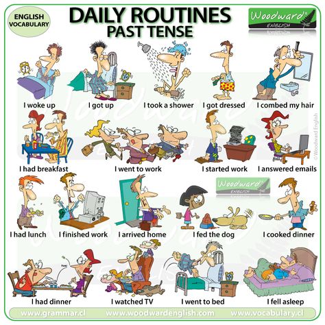 Daily Routines – Past Tense | Woodward English #DailyRoutines #PastTense #PastSimple #ESOL #EnglishTeacher #LearnEnglish Daily Routine In English, English Past Tense, Woodward English, Simple Present Tense, Past Tense, Grammar And Vocabulary, Daily Routines, English Phrases, Learn English Words