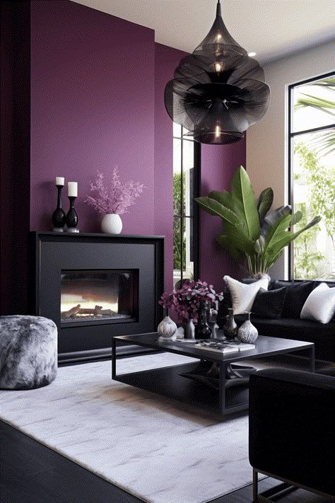 14 Colors That Go With Plum Walls For Your Home Decor (With Pictures)! Purple And White Living Room, Purple Wall Living Room Ideas, Plum Accent Wall Living Room, Home Decor Purple, Purple Fireplace, Purple And Black Home Decor, Plum And Grey Living Room, Living Room Purple Wall, Living Room Plum And Grey