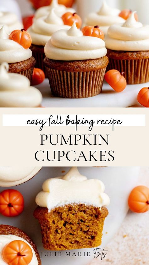 If you are searching for new dessert recipes to try this fall, look no further. Julie Marie Eats is sharing an easy homemade pumpkin cupcakes recipe. They have the softest pumpkin cupcake with the most tender crumb, that is topped with a smooth brown sugar cream cheese frosting. This recipe is perfect for any pumpkin lover. Follow for more cupcakes recipes and fall desserts. Best Pumpkin Cupcakes Ever, Thanksgiving Pumpkin Cupcakes, Homemade Pumpkin Cupcakes, Pumpkin Cupcakes With Cream Cheese, Pumpkin Cupcakes Cream Cheese Frosting, Pumpkins Cupcakes, Pumpkin Filled Cupcakes, Pumpkin Crunch Dessert, Apple Pumpkin Cupcakes