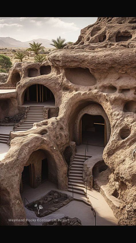 Rock Building Architecture, Building Nature Architecture, Cave Residence, Building In Mountain, Ecotourism Architecture, Rock City, Rock Architecture, Stone Buildings, Cave Houses