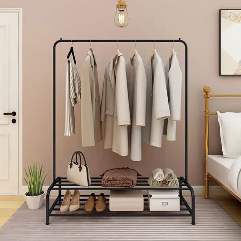 Rebrilliant Gold Clothes Rack Metal Freestanding Garment Rack Clothes Display Stand For Living Room Clothing Store | Wayfair Heavy Duty Storage Shelves, Clothing Rack Bedroom, Hanging Clothes Rail, Closet Rack, Open Closet, Garment Rack, Clothes Rail, Garment Racks, Clothes Rack