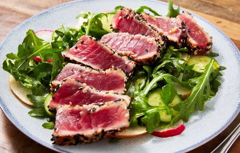 This Seared Ahi Tuna With Arugula Salad Is PERFECT For Date NightDelish Seared Ahi Tuna Salad, Seared Tuna Recipe, Ahi Tuna Steak Recipe, Ahi Tuna Recipe, Ahi Tuna Salad, Bibb Lettuce, Seared Ahi Tuna, Steak Salad Recipe, Ahi Tuna Steak