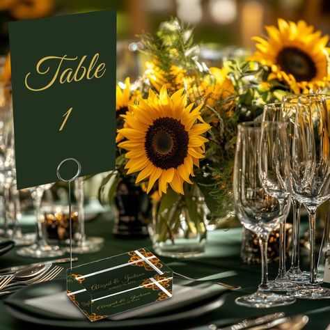 Sunflower Wedding Forest Green & Gold Dark Green And Sunflower Wedding, Forest Green And Sunflower Wedding, Olive Green Wedding With Sunflowers, Green Wedding With Sunflowers, Emerald Sunflower Wedding, Green And Sunflower Wedding, Wedding Forest Green, Sunflower Place Cards, Sunflower Tea