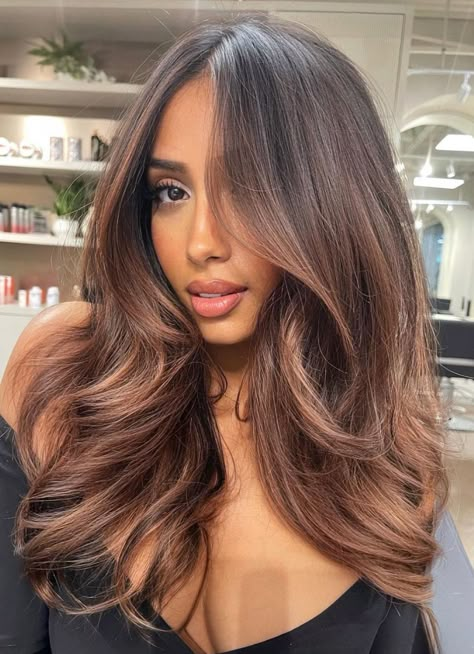 Hair Colors For Hispanics, Highlights For Dark Brown Hair Tan Skin, Hair Dye On Brown Skin, Chocolate Cinnamon Hair, Hair Color Ideas For Mexican Women, Hair Color Ideas Dark Skin, No Bleach Hair Color For Dark Hair, Cappuccino Brown Hair, Hair For Brown Skin