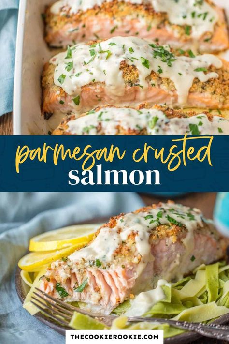 Parmesan crusted salmon is drenched in an amazing white wine sauce. This dijon salmon is such a flavorful meal and super easy to make, too. Entertaining Meals, Crusted Salmon Recipes, Dijon Salmon, Parmesan Crusted Salmon, Parmesan Salmon, Seafood Dinners, Beef Recipe Instant Pot, Quick Lunch Recipes, Delicious Seafood Recipes