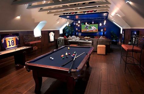 Ever thought of converting your attic game room into a luxurious man cave? This is an awesome example!  #attic #gamesroom #mancave Man Cave Designs, Attic Game Room, Attic Man Cave, Room Above Garage, Man Cave Games, Man Cave Design, Man Cave Home Bar, Pool Tables, Video Game Rooms