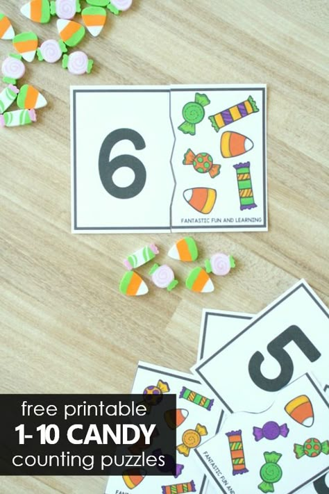 With these free printable candy counting puzzles preschoolers and kindergarteners can practice number recognition and counting sets for Halloween math. #preschool #kindergarten #math #counting #numbers #halloween #prek #prekindergarten #freeprintable Dinosaur Counting, Halloween Lesson Plans, Halloween Math Centers, Halloween Counting, Counting Mats, Halloween Centers, Free Math Printables, Kindergarten Halloween, Halloween Lesson