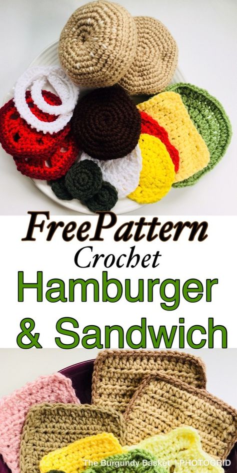 Hamburger Crochet, Sandwich Crochet, Crochet Sandwich, Crochet Hamburger, Crochet Play Food, Food Crochet, Free Pattern Crochet, Single Crochet Decrease, Crochet Fruit