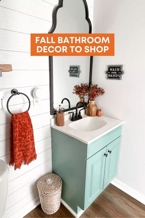 Bathroom Black Mirror, Fall Bathroom Decor Ideas, Fall Bathroom Decor, Little Farmhouse, Fall Bathroom, Bathroom Black, Decorating Bathroom, Global Textiles, Cozy Fall Decor