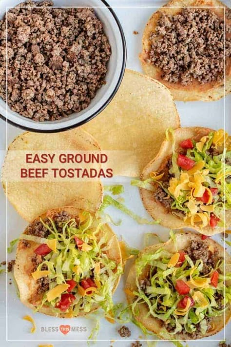 This easy beef tostada recipe is the perfect weeknight meal with the simple and crunchy tostada shells made quickly in the oven and flavorful toppings that round out the dish! It's a family favorites because it's tasty and everyone can customize their own tostada creations with toppings they like! I know your loved ones will enjoy it, too. #tostadas #beeftostadas #groundbeeftostadas #groundbeef #mexicanfood #texmex #easydinners Tostada Recipes Mexican, Tostada Recipes Beef, Beef Tostadas, Baked Tostadas, Tostada Shells, Tostada Recipe, Tostada Recipes, Hispanic Recipes, Healthy Grilled