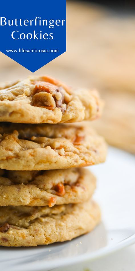 This Butterfinger Cookie Recipe makes soft and chewy cookies with a hint of peanut flavor. Butterfinger Cookies Recipe, Big Cookie Recipe, Heath Cookies, Butterfinger Recipes, Adorable Desserts, Butterfinger Cookies, Best Peanut Butter Cookies, Best Thanksgiving Recipes, Chewy Cookies