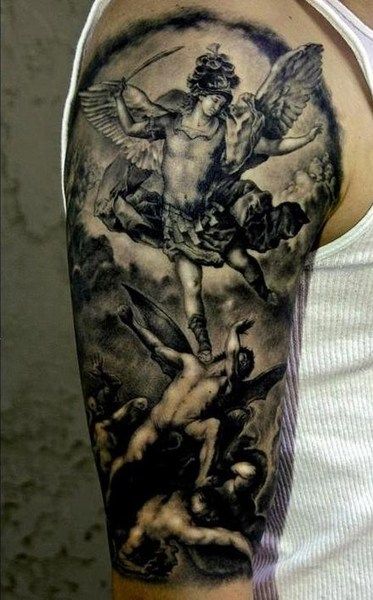 Saint Michael the archangel Archangel Michael Tattoo, St Michael Tattoo, Archangel Tattoo, Statue Tattoo, Demon Tattoo, Religious Tattoo, Tree Tattoo Designs, Religious Tattoos, Tattoos Geometric