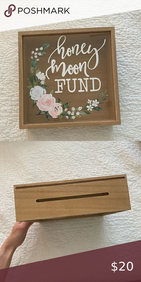 Honeymoon fund box Honeymoon Fund Box Ideas, Honeymoon Fund Wedding, Wedding Decor Summer, Wedding Honeymoon Fund, Wooden Box Designs, Wedding Fund, Honeymoon Fund, Savings Box, Honey Moon