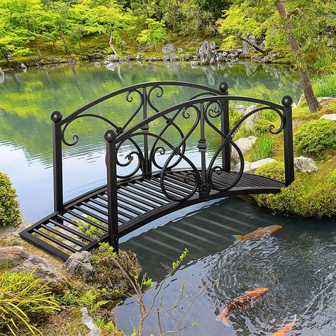 Arched Garden Bridge, Garden Bridge Design, Curved Bridge, Backyard Bridges, Backyard Stream, Pond Bridge, Pond Decorations, Vintage Patio, Garden Walkway