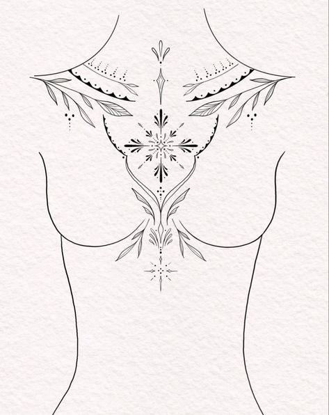 Boho Chest Tattoo, Ornamental Tattoo Design Chest, Ornamental Underboob Tattoo, Ornamental Collar Bone Tattoo, Chandelier Sternum Tattoo, Ornamental Tattoo Chest, Underboob Sternum Tattoo, Boho Tattoos For Women, Tattoo Chest Woman