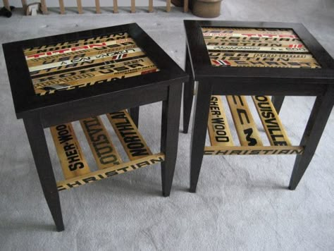 Hockey stick end tables! YES! Maybe this won't be Dan's Man Cave... maybe it'll be MY hockey cave! ;) Hockey Stick Furniture, Hockey Stick Crafts, Hockey Man Cave, Stick Furniture, Hockey Crafts, Hockey Bedroom, Sports Crafts, Hockey Decor, Hockey Room