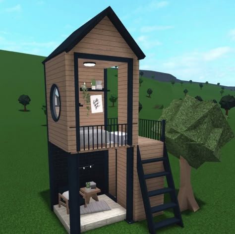 Tiny House Bloxburg Exterior, Under Stairs Ideas Bloxburg, Tiny Home Bloxburg Exterior, Small Bloxburg House Ideas Modern, Bloxburg Barbecue Ideas, Tiny Homes Bloxburg, Tiny House Design Bloxburg, Cute Cheap Bloxburg Houses, Blocksburg House Layout 2 Story Modern