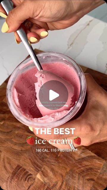 Ninja Creami Recipes | High Protein | Ice Cream on Instagram: "seriously, don’t sleep on this! make 2 pints and thank me later ✌🏻

Video Credit: @healthywithalex_ 

Follow @creamiwrld for more recipes!!

Per pint:
- 1 cup fresh strawberry slices
- 2 TBS monk fruit sweetener
- 1/3 cup full fat Greek yogurt
- 1/3 cup 2% milk

Adjust sweetness to your taste depending on how sweet your 🍓 are
You can add 2TBS of sour cream for a richer ice cream (especially if you use a lower fat Greek yogurt)
If it’s powdery on the first spin, add 1 TBS of milk and respin

Tell me if you try this!

#ninjacreami #healthyrecipes #strawberryicecream" High Protein Ice Cream, Ninja Creami Recipes, Recipes High Protein, Ninja Creamy, Ice Cream Videos, Monk Fruit Sweetener, Creami Recipes, Creamy Recipes, Protein Ice Cream