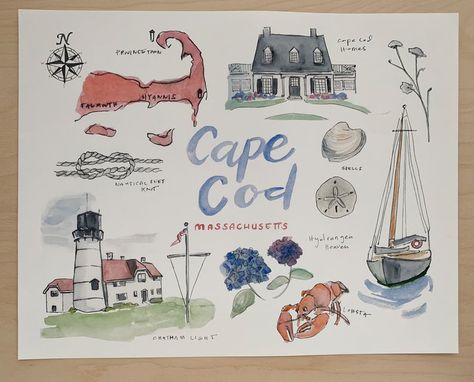 Cape Cod illustration | Etsy Cape Cod Painting, Hyannis Cape Cod, Falmouth Cape Cod, New England Summer, England Summer, Doodles Sketches, Rv Trip, Cape Cod Massachusetts, Cedar Shingles