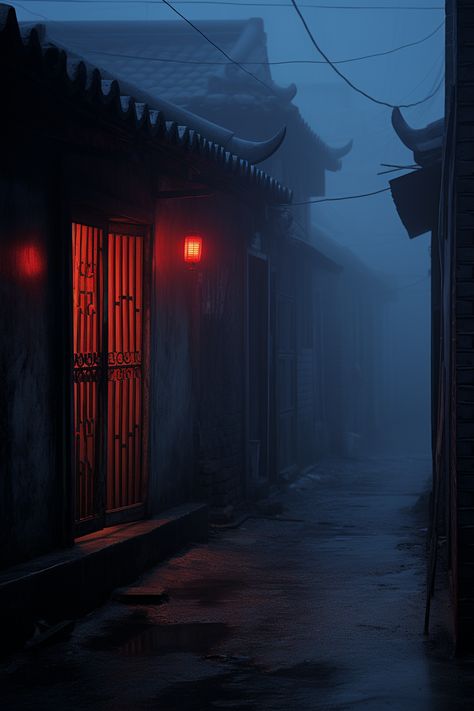 An old and traditional Hutong house in Beijing. This is an architectural AI artwork made with Midjourney. Scary Japanese Aesthetic, Spooky Japanese Aesthetic, Dark Chinese Aesthetic, Haunted Japan, Old Japanese Aesthetic, Horror Scenery, Rp Starters, Chinese Streets, Chinese Horror