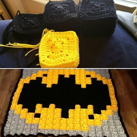 Crochet Batman, Pixel Crochet Blanket, Crocheted Blankets, Crochet Cape, Pixel Crochet, C2c Crochet, Crochet Afghans, Granny Squares Pattern, Granny Square Crochet Pattern