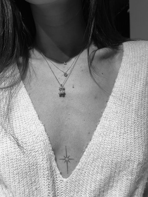 North Star Tattoo Sternum, North Star Chest Tattoo, Sternum Sparkle Tattoo, Sparkle Tattoo Chest, Chest Tattoo Female Heart, Sparkle Chest Tattoo, Chest Small Tattoo, Sternum Star Tattoo, Small Tattoo Between Breast