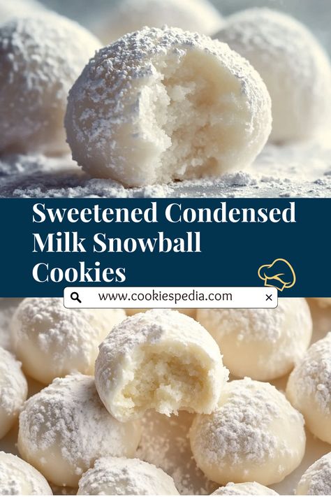 These Sweetened Condensed Milk Snowball Cookies are the perfect melt-in-your-mouth treat! Buttery, soft, and lightly dusted with powdered sugar, they’re an easy recipe that’s great for parties. Perfect for cookie exchanges, Christmas gatherings, or a cozy day in. Save this easy recipe and bake up some festive joy! Cocoon Cookies, Christmas Divinity, Divinity Recipe, Snowball Cookie Recipe, Cookies Holiday, Condensed Milk Recipes, Christmas Baking Recipes, Snowball Cookies, Candied Bacon