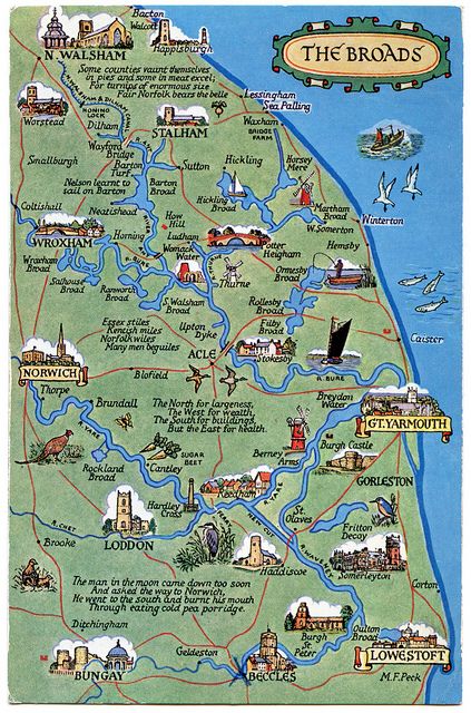 Postcard map of the Broads | Drawn by M F Peck. J Salmon, Lt… | Flickr Map Of Wales Uk, Map Of Cornwall England, Isle Of Wight Map, Norfolk Beach, British Isles Map, Norfolk Broads Boats, Norfolk Uk, England Map, Norfolk Broads