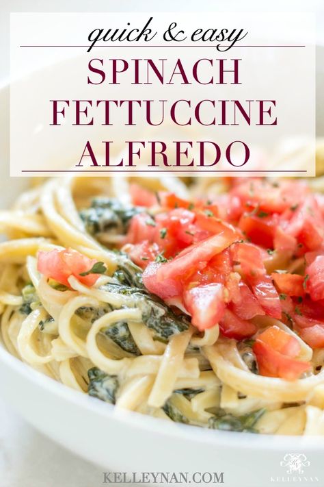 Spinach Fettuccine Alfredo Recipe: An Easy & Under 30 Weeknight Meal Veggie Fettucini Pasta, Fettuccine Alfredo With Spinach, Christmas Fettucine Alfredo, Chicken Spinach Fettuccine Alfredo, Alfredo Pasta Recipes Vegetarian, Spinach Fettuccine Recipes, Fettucine Recipes, Alfredo Pasta With Spinach, Chicken Alfredo With Spinach