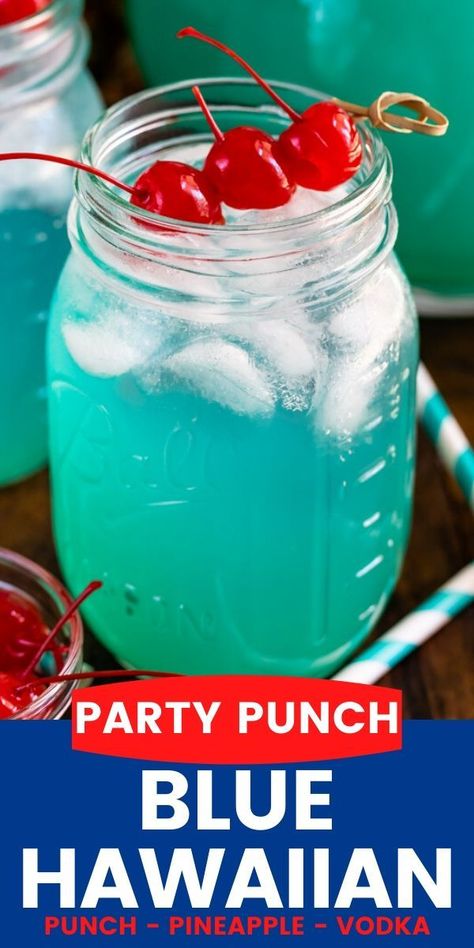 Blue Hawaiian Party Punch is everyone's favorite cocktail! This easy drink has 3 ingredients - Vodka, Pineapple, and Hawaiian Punch - and it's the perfect drink to serve for the 4th of July! Blue Punch Recipe Alcohol, Blue Hawaiian Punch Recipe, Blue Alcoholic Punch, Hawaiian Party Punch, Blue Hawaiian Drink Recipe, Vodka Punch Recipes Parties, Tropical Punch Recipe, Blue Hawaiian Drink, Blue Punch Recipe