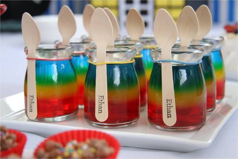 Rainbow Jelly Cups, Teletubbies Birthday, Yellow Strawberry, Jello Cups, Superhero Baby Shower, Wiggles Birthday, Jelly Cups, Rainbow Jelly, Troll Party