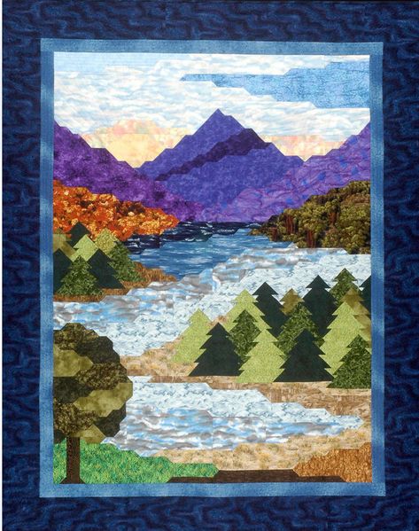 The majesty of the mountains is captured in this stunning pictorial landscape quilt pattern. The sun slides quietly behind the mountains and creates shimmers on the river as it winds its way through the valley. This quilt pattern is accomplished by the use of the "connector corner" method. There are only straight seams Fabric Art Tutorials, Mountain Quilt Pattern, Camping Quilt, Sea Quilt, Landscape Art Quilts, Mountain Quilts, English Paper Piecing Quilts, Landscape Quilt, Quilt Block Patterns Free