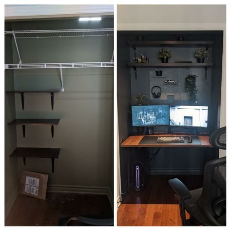 Closet Pc Setup, Small Closet Gaming Setup, Gaming Setup In Closet, Pink Computer Desk, Green Gaming Setup, Small Gamer Bedroom, Kids Gaming Room, Game Closet, Pink Computer