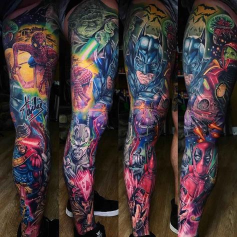 Tattoo artist Derek Turcotte scale bright color new school tattoo | Canada Marvel Tattoo Sleeve, Super Hero Tattoos, Comic Book Tattoo, Avengers Tattoo, Kristina Webb, Comic Tattoo, Marvel Tattoos, Tattoos And Body Art, Leg Sleeve Tattoo