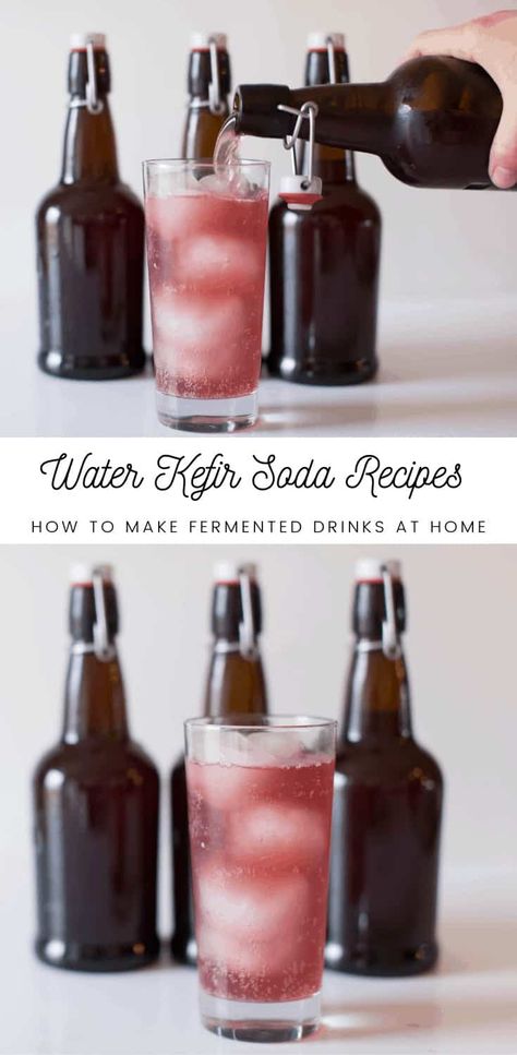 Make your own fermented drinks at home with this water kefir soda recipe. Loaded with probiotics, this healthy refreshing drink is great for gut health and overall wellness. #waterkefir Kefir Flavors, Kefir Soda, Kefir Drink, Water Kefir Grains, Fermented Drinks, Healthy Refreshing Drinks, Kefir Recipes, Kefir Grains, Probiotic Drinks