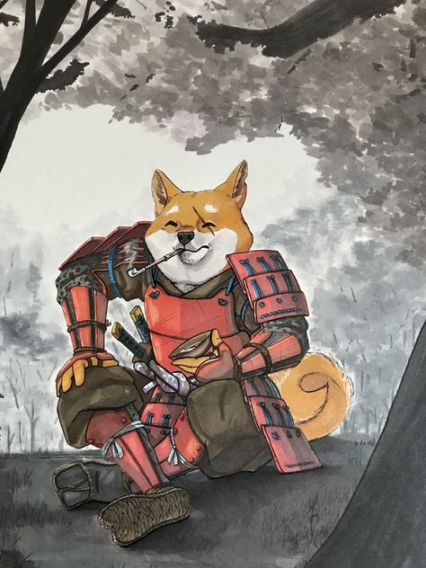 Shiba Inu Samurai, Martial Arts Aesthetic, Arts Aesthetic, Samurai Drawing, Samurai Concept, Japanese Martial Arts, Puppy Tattoo, Prismacolor Markers, Shiba Puppy