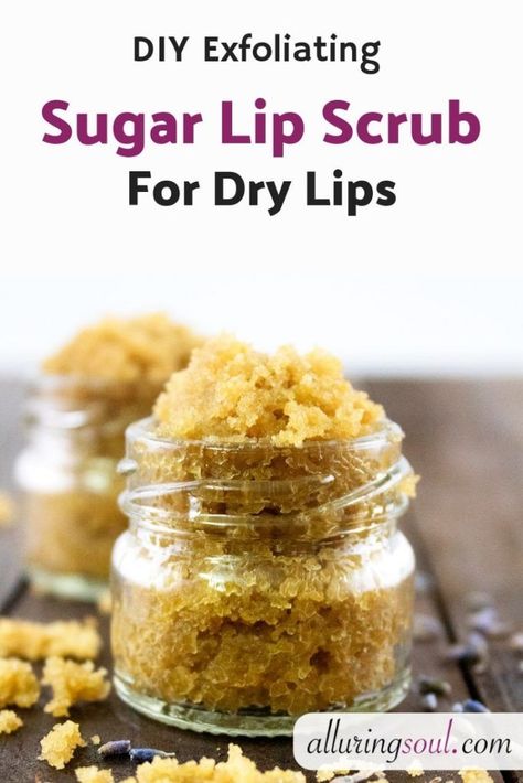 DIY Exfoliating Sugar Lip Scrub For Dry Lips | Alluring Soul Lip Scrub For Dry Lips, Easy Sugar Scrub, Diy Lip Scrub, Diy Body Scrub Recipes, Lip Scrub Recipe, Exfoliating Lip Scrub, Lip Scrub Homemade, Body Scrub Recipe, Lip Scrub Diy